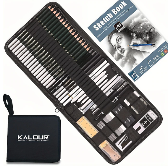 Set desenat/schite in creion, cu accesorii, grafit, carbune, 54 piese