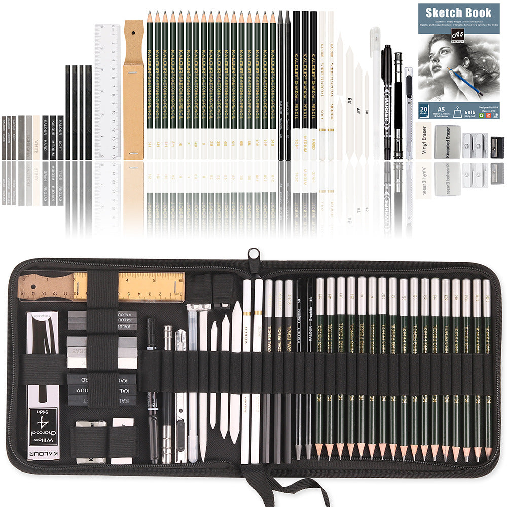 Set desenat/schite in creion, cu accesorii, grafit, carbune, 54 piese