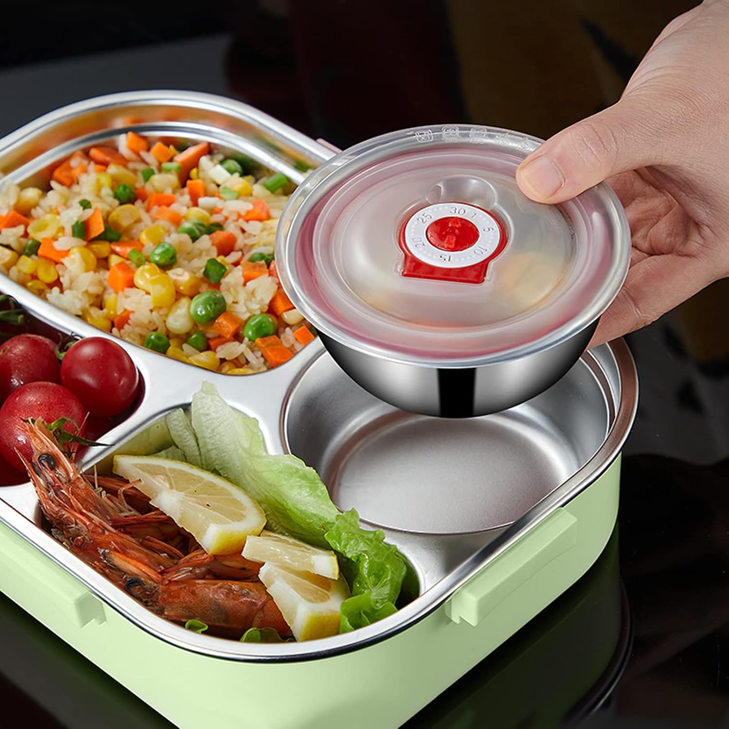 Cutie de pranz, Otel inoxidabil/Polipropilena, Rezistenta la scurgeri, Caserola cu 4 compartimente, Verde