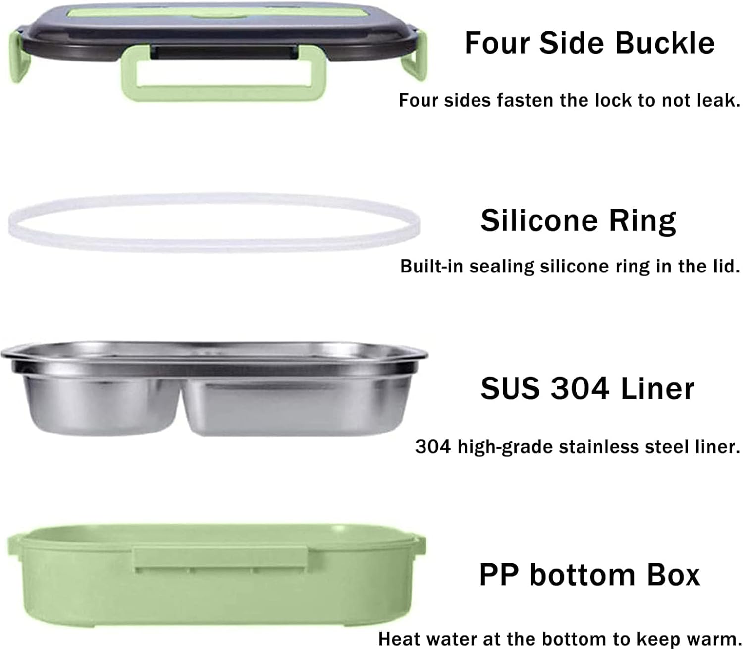 Cutie de pranz, Otel inoxidabil/Polipropilena, Rezistenta la scurgeri, Caserola cu 4 compartimente, Verde