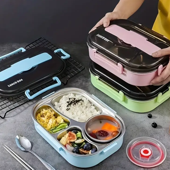 Cutie de pranz, Otel inoxidabil/Polipropilena, Rezistenta la scurgeri, Caserola cu 4 compartimente, Roz