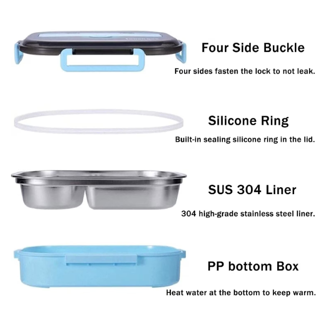 Cutie de pranz, Otel inoxidabil/Polipropilena, Rezistenta la scurgeri, Caserola cu 4 compartimente, Albastra
