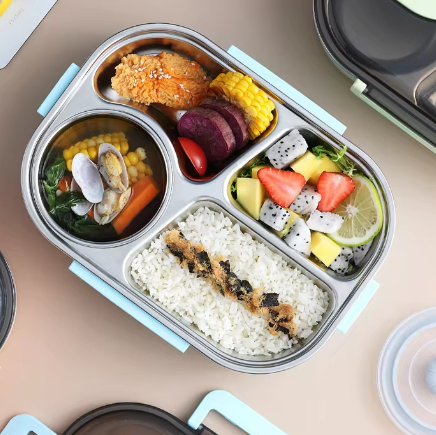 Cutie de pranz, Otel inoxidabil/Polipropilena, Rezistenta la scurgeri, Caserola cu 4 compartimente, Albastra