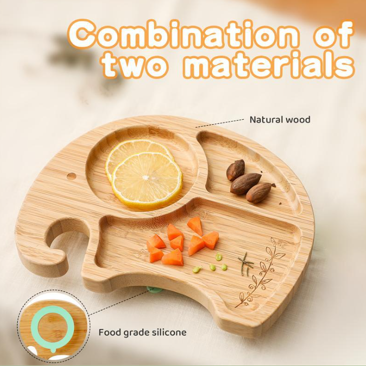 Set diversificare bebe in cutie cadou, Recipiente din silicon si bambus cu ventuza anti-alunecare, baveta, lingurita, cana, farfurie si bol, Verde