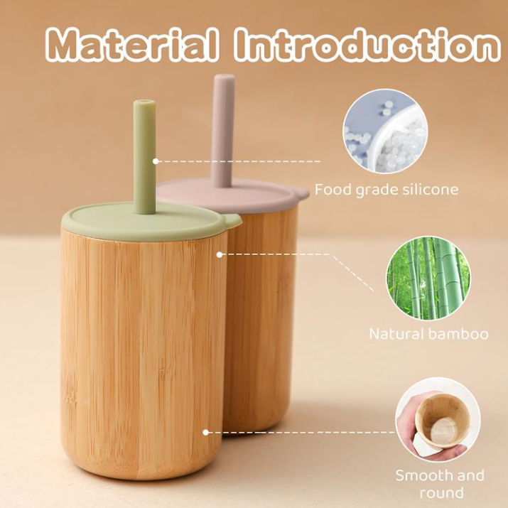 Set diversificare bebe in cutie cadou, Recipiente din silicon si bambus cu ventuza anti-alunecare, baveta, lingurita, cana, farfurie si bol, Verde