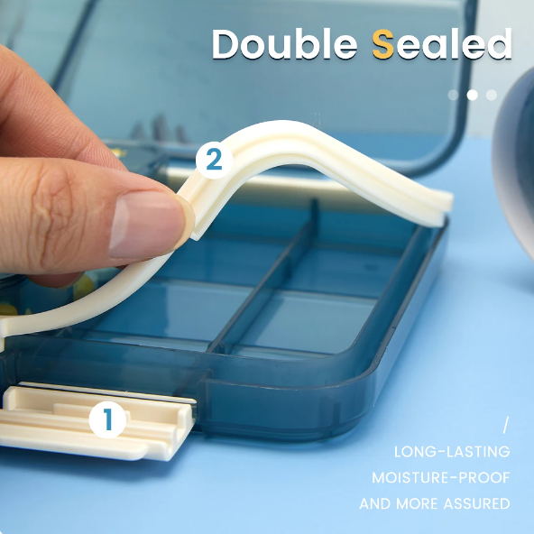 Organizator medicamente, 7 zile, 21 compartimente pentru pastile, Plastic, 23.2x13x3 cm, Albastru