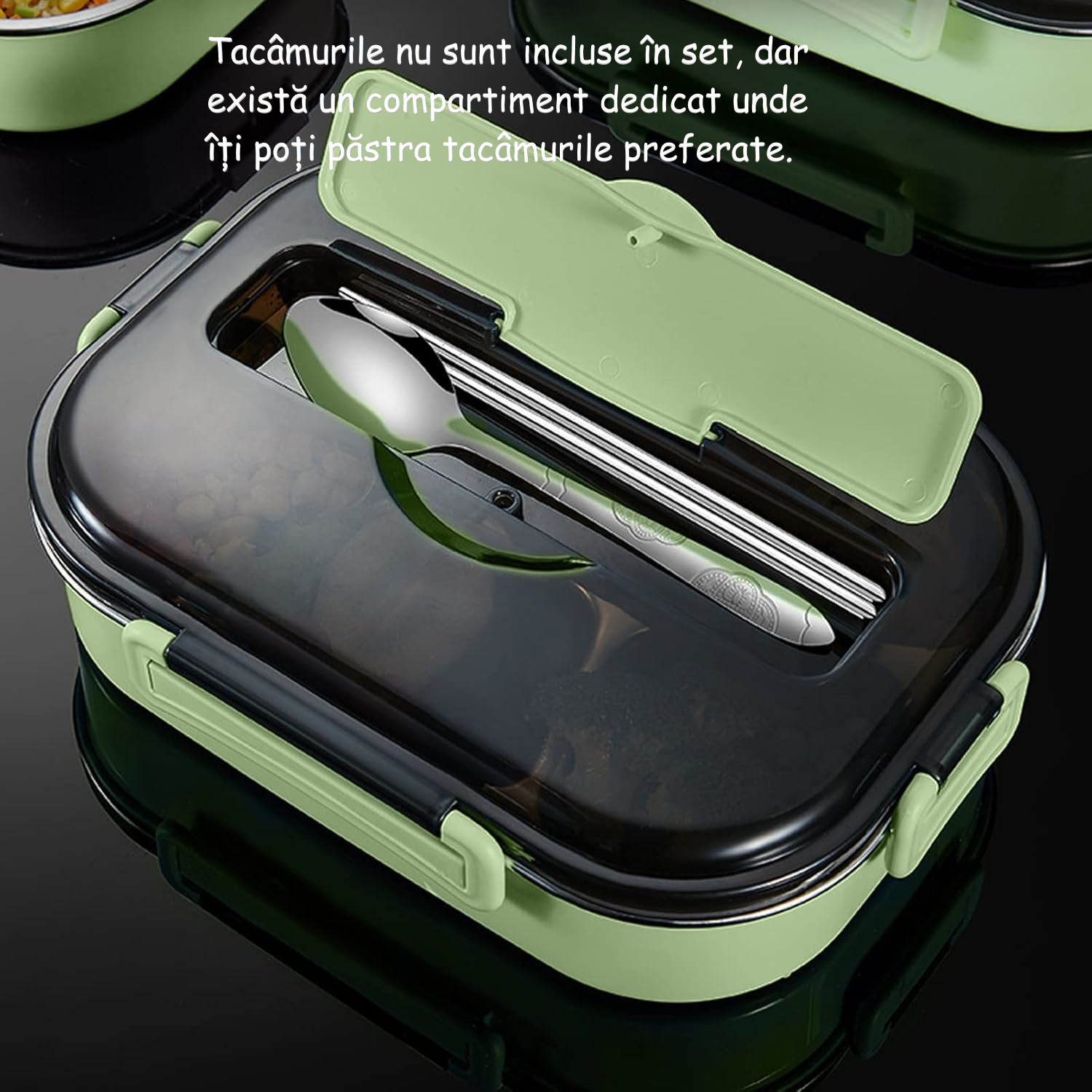 Cutie de pranz, Otel inoxidabil/Polipropilena, Rezistenta la scurgeri, Caserola cu 4 compartimente, Verde