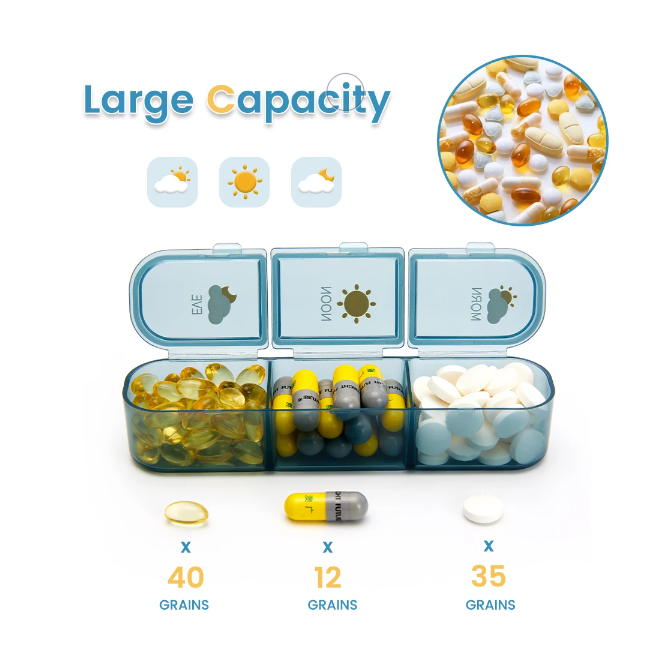 Organizator medicamente, 7 zile, 21 compartimente pentru pastile, Plastic, 23.2x13x3 cm, Albastru