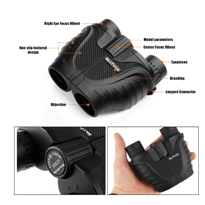 Binoclu pentru copii si adulti 10x25, Lentile Premium , Vedere Nocturna, Rezistent La Apa, Putere Mare De Focalizare Pentru Observarea Pasarilor, Vanatoare, Calatorii, Turism, Negru