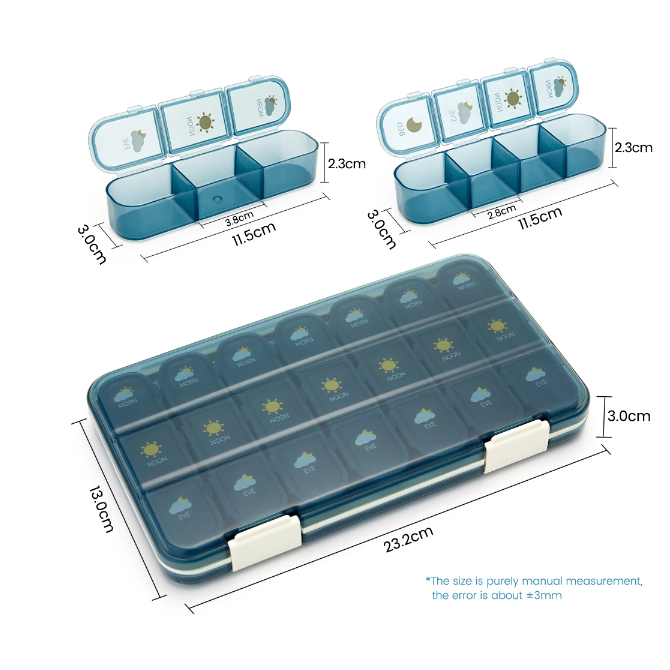 Organizator medicamente, 7 zile, 21 compartimente pentru pastile, Plastic, 23.2x13x3 cm, Albastru