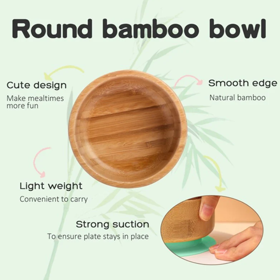 Set diversificare bebe in cutie cadou, Recipiente din silicon si bambus cu ventuza anti-alunecare, baveta, lingurita, cana, farfurie si bol, Verde