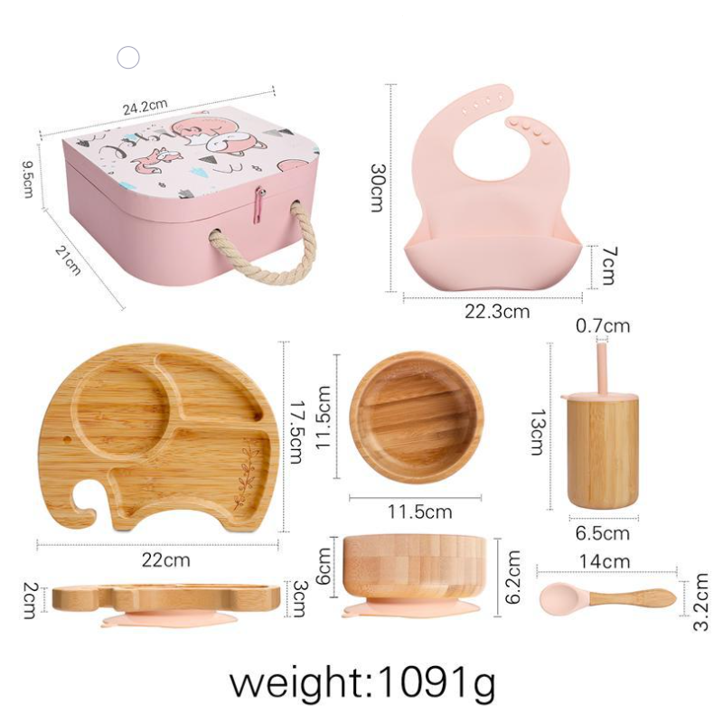 Set diversificare bebe in cutie cadou, Recipiente din silicon si bambus cu ventuza anti-alunecare, baveta, lingurita, cana, farfurie si bol, Roz