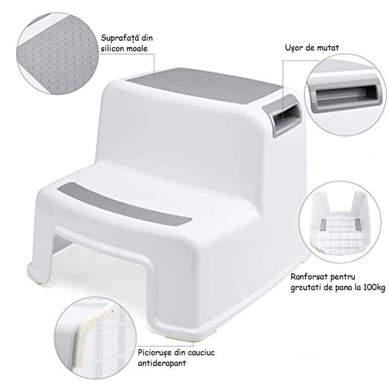 Scaunel înălțător copii în două trepte multifunctional pentru toaletă , baie și bucătărie, Taburet, Scară, Gri