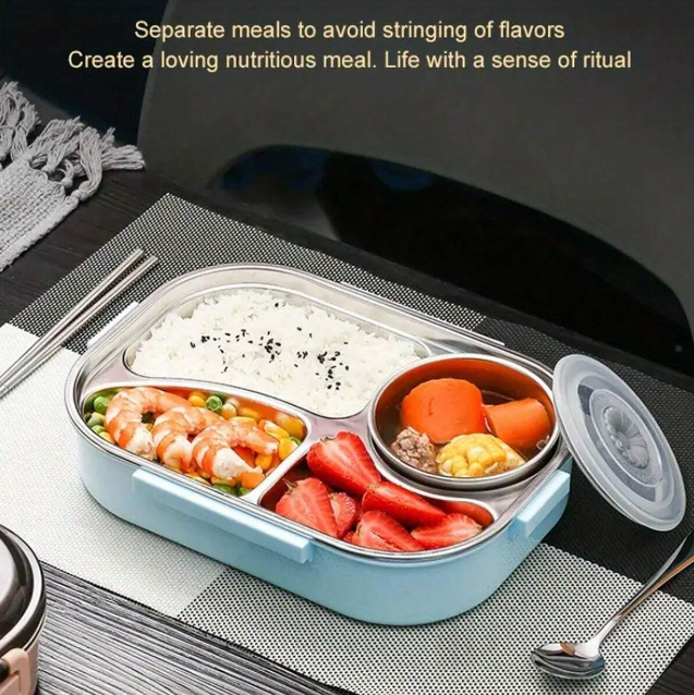 Cutie de pranz, Otel inoxidabil/Polipropilena, Rezistenta la scurgeri, Caserola cu 4 compartimente, Albastra