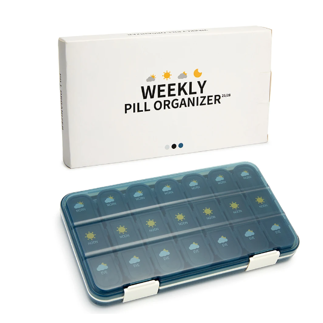 Organizator medicamente, 7 zile, 21 compartimente pentru pastile, Plastic, 23.2x13x3 cm, Albastru