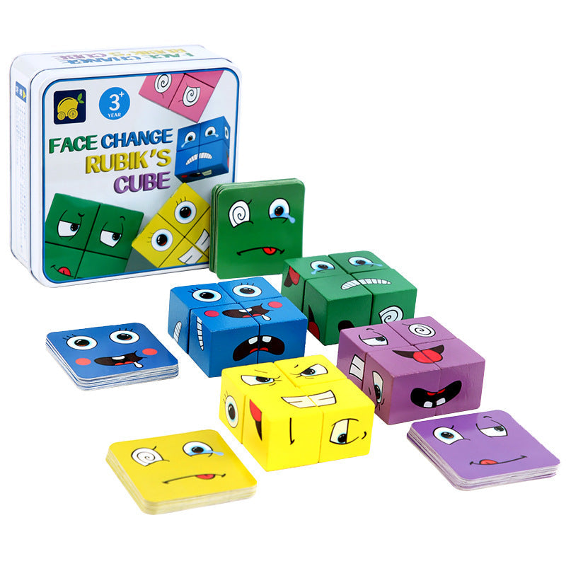 Joc educativ copii, puzzle lemn cu expresii faciale, face change, cutie metalica BEE FELT