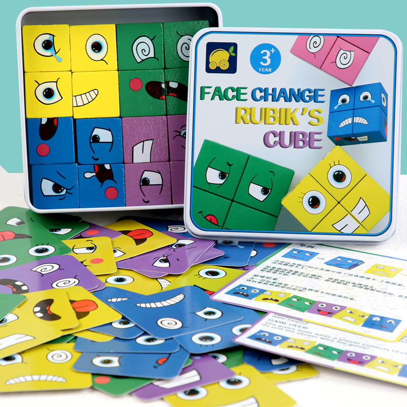 Joc educativ copii, puzzle lemn cu expresii faciale, face change, cutie metalica BEE FELT