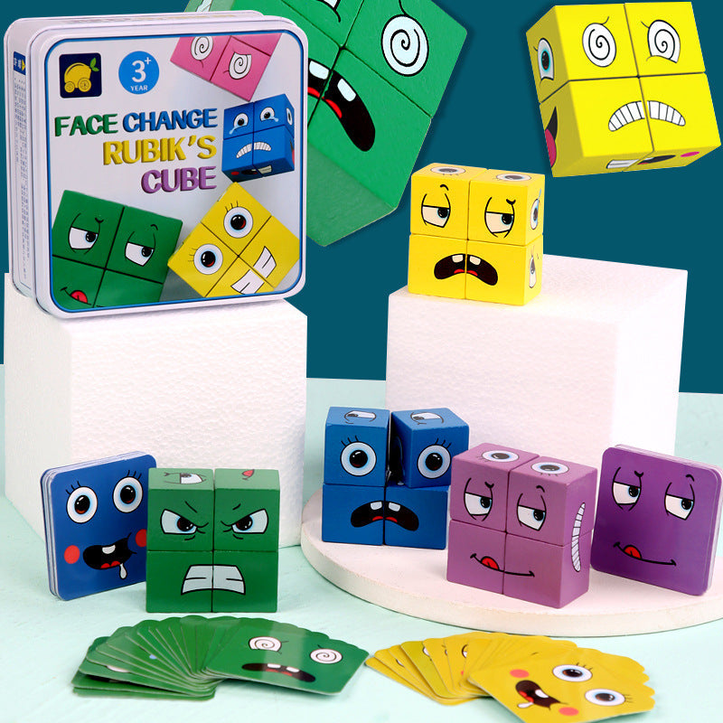 Joc educativ copii, puzzle lemn cu expresii faciale, face change, cutie metalica BEE FELT