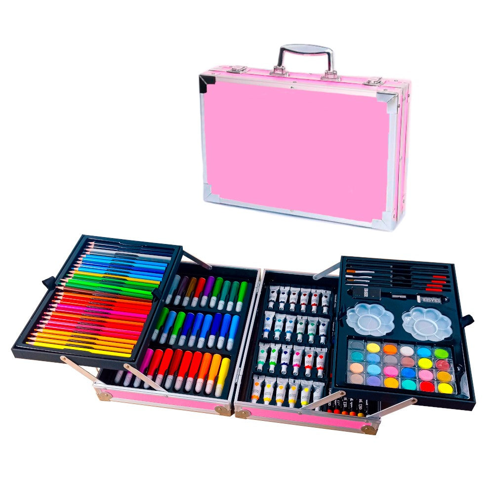 Set de pictura si desen pentru copii, 145 de piese, Cutie metalica, Roz BEE FELT