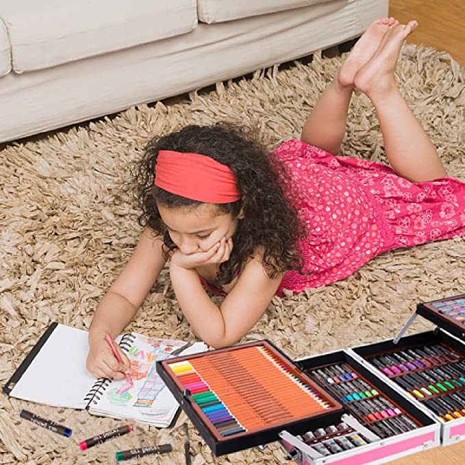 Set de pictura si desen pentru copii, 145 de piese, Cutie metalica, Roz BEE FELT