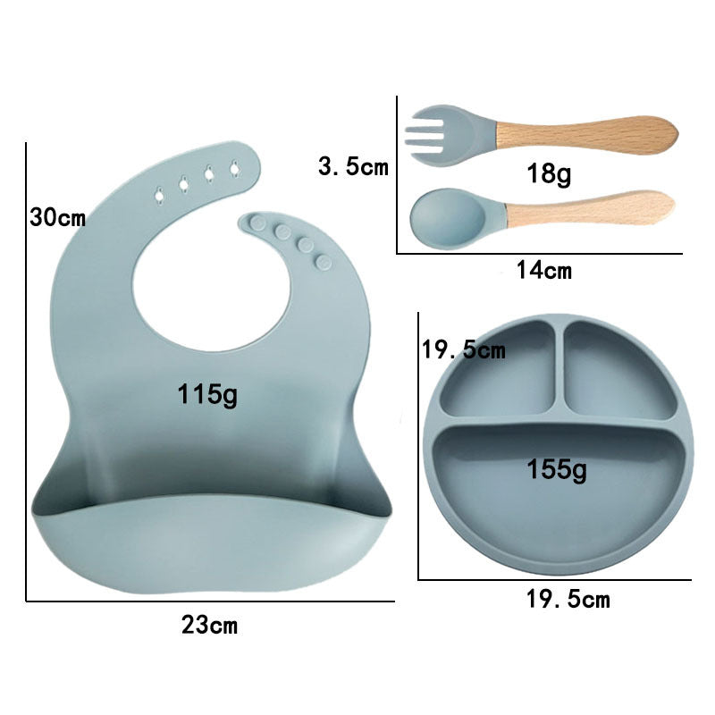 Set hranire bebelusi si copii, pentru diversificare din silicon BPA free, 6+ luni, farfurie, bol, bavetica, tacamuri, albastru BEE FELT