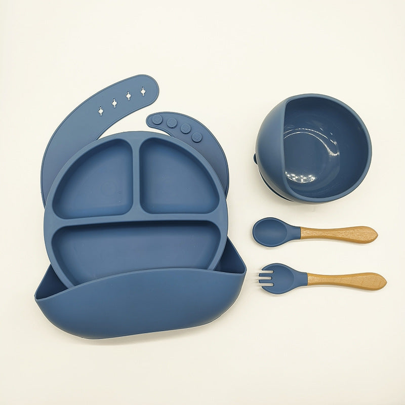 Set hranire bebelusi si copii, pentru diversificare din silicon BPA free, 6+ luni, farfurie, bol, bavetica, tacamuri, albastru BEE FELT