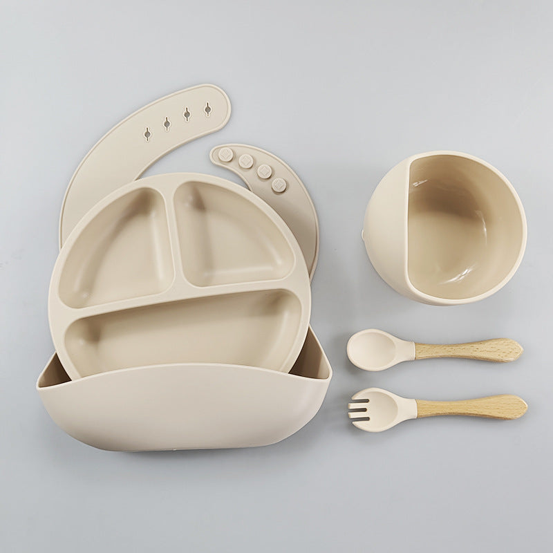 Set hranire bebelusi si copii, pentru diversificare din silicon BPA free, 6+ luni, farfurie, bol, bavetica, tacamuri, crem BEE FELT