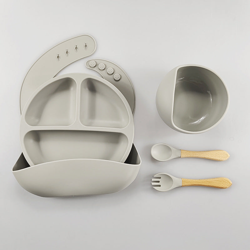 Set hranire bebelusi si copii, pentru diversificare din silicon BPA free, 6+ luni, farfurie, bol, bavetica, tacamuri, gri BEE FELT