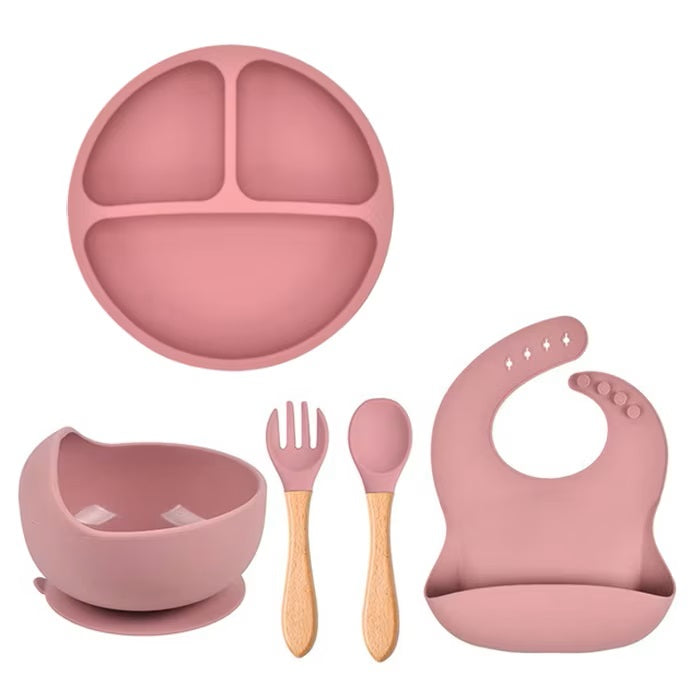 Set hranire bebelusi si copii, pentru diversificare din silicon BPA free, 6+ luni, farfurie, bol, bavetica, tacamuri, roz, BEE FELT