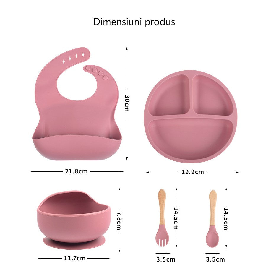 Set hranire bebelusi si copii, pentru diversificare din silicon BPA free, 6+ luni, farfurie, bol, bavetica, tacamuri, roz, BEE FELT