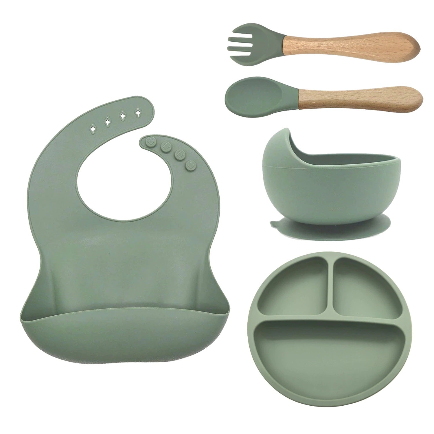 Set hranire bebelusi si copii, pentru diversificare din silicon BPA free, 6+ luni, farfurie, bol, bavetica, tacamuri, verde BEE FELT