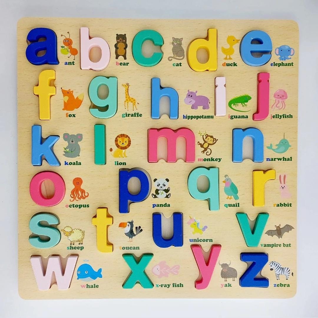 Puzzle lemn cu litere mici, 26 piese, 3D Montessori, 30 cm x 30 cm x 1 cm