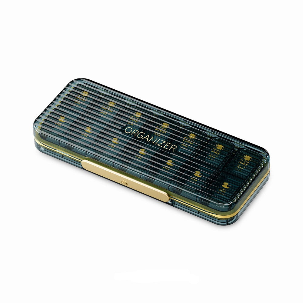 Organizator medicamente, 7 zile, 14 compartimente pentru pastile, Plastic, 22x9x3 cm, Negru