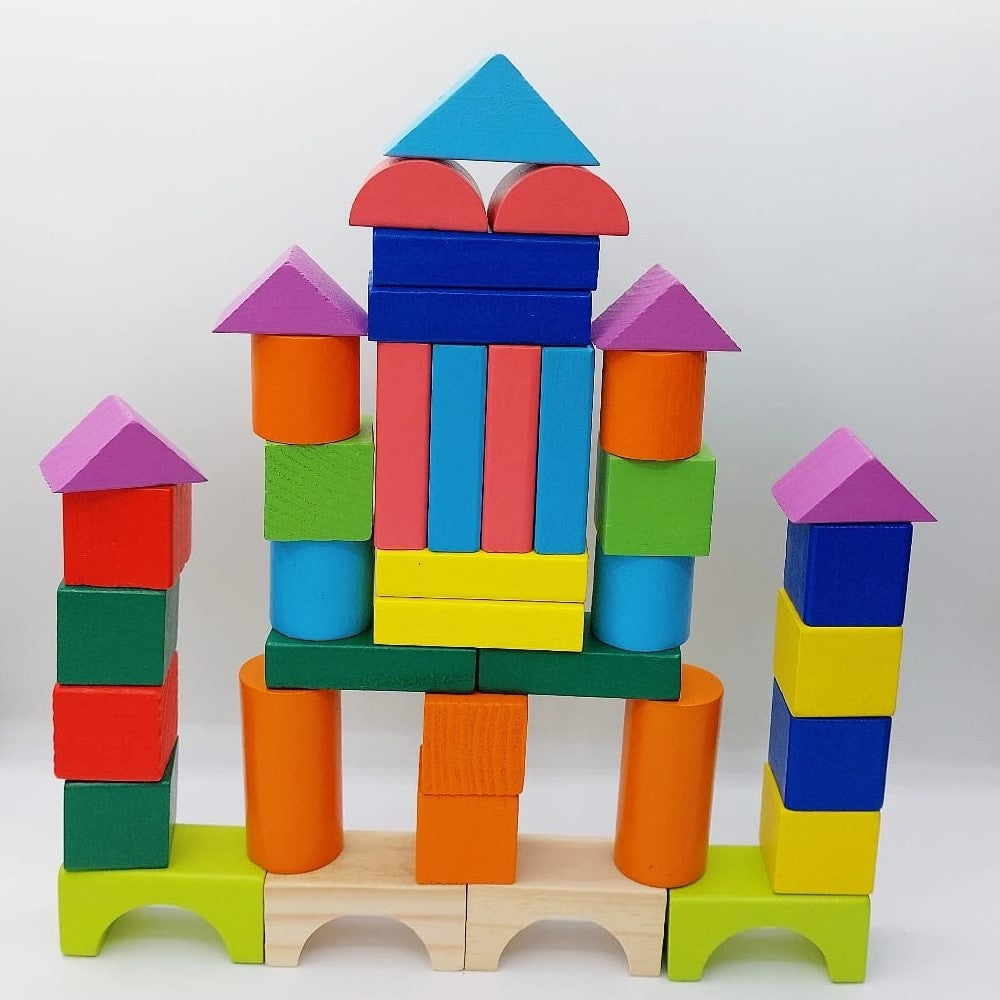 Forme geometrice multicolore, cuburi constructii, cutie depozitare, 42 piese