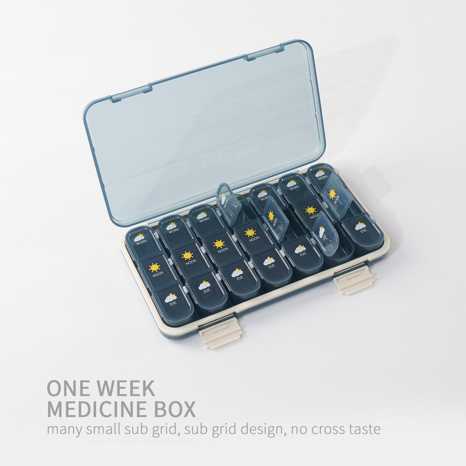 Organizator medicamente, 7 zile, 21 compartimente pentru pastile, Plastic, 23.2x13x3 cm, Albastru