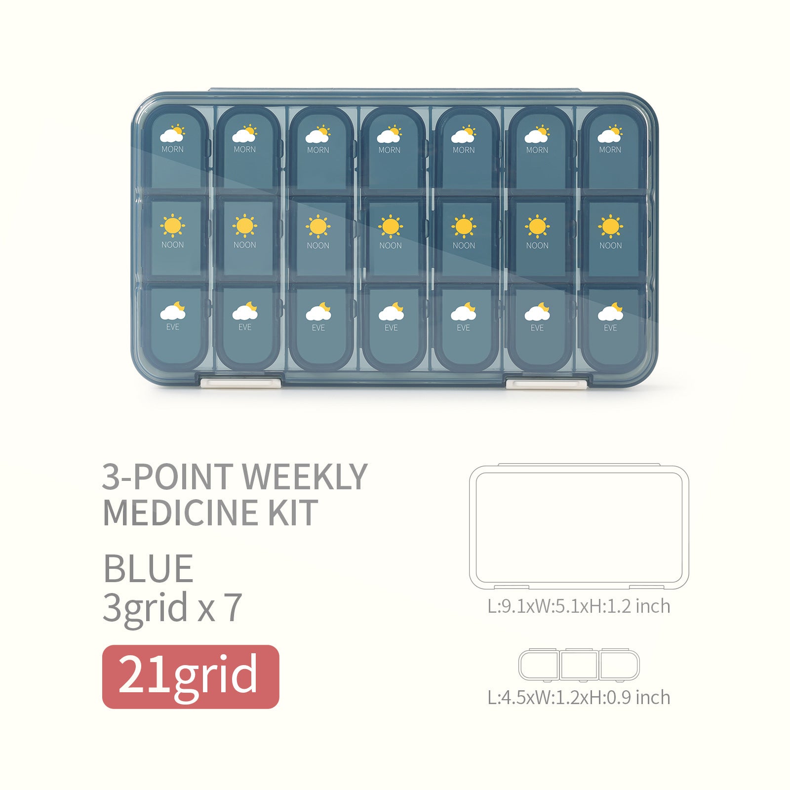 Organizator medicamente, 7 zile, 21 compartimente pentru pastile, Plastic, 23.2x13x3 cm, Albastru