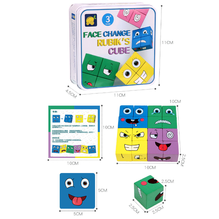 Joc educativ copii, puzzle lemn cu expresii faciale, face change, cutie metalica BEE FELT
