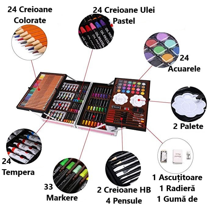 Set de pictura si desen pentru copii, 145 de piese, Cutie metalica, Roz BEE FELT