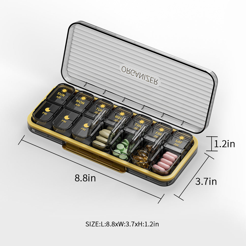 Organizator medicamente, 7 zile, 14 compartimente pentru pastile, Plastic, 22x9x3 cm, Negru